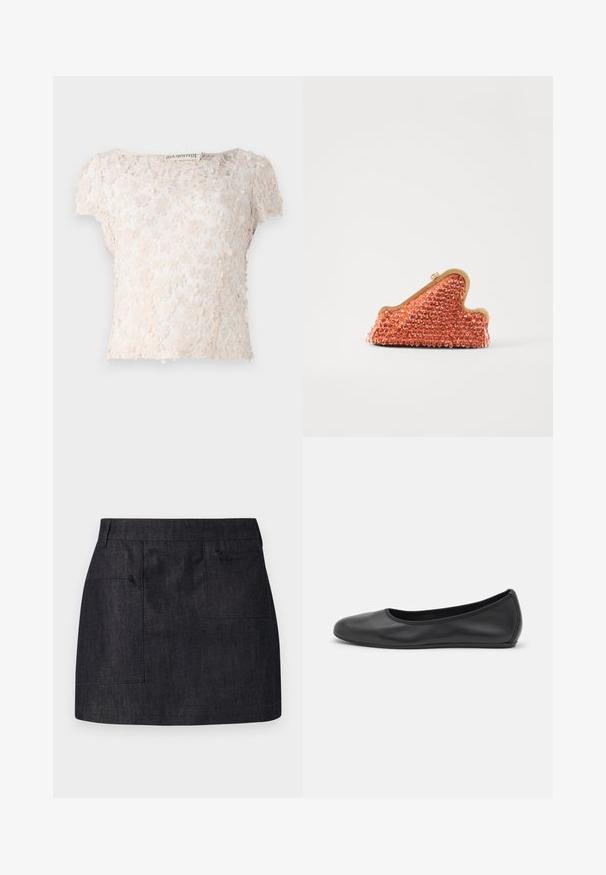 Lace top in light beige, featuring floral appliqués across the fabric, short sleeves, and a rounded neckline. Textured and delicate design.; Dark denim skirt with a straight cut, featuring two front pockets and subtle texture. Clean hemline and standard waistband design.; Black leather ballet flat with a rounded toe, smooth texture, minimal stitching detail, and a flexible sole design.; Cult Gaia GIANA - Clutch - currant