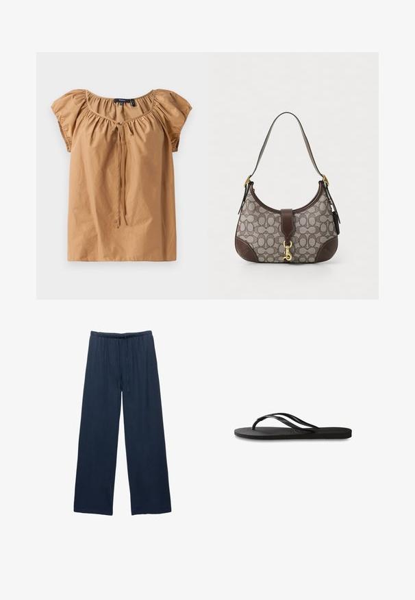 Brun, kortärmad topp i lättviktigt tyg. Har en samlad halsringning med knyt-detalj. Slät textur med en avslappnad passform.; Marina vida byxor med vida ben, tillverkade av mjukt tyg, med ett elastiskt midjeband och dragsko för justerbar passform.; Svart flip-flop med en texturerad gummisula, två slanka remmar och en subtil, präglad logodetalj på remmen.; COACH HAMPTONS HOBO BAG IN SIGNATURE JACQUARD - Handväska - oak maple