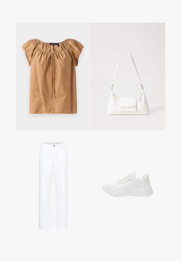 Braunes, kurzärmeliges Top aus leichtem Stoff. Hat einen gerafften Ausschnitt mit einem Bindedetail. Glatte Textur mit lockerer Passform.; Weiße weit geschnittene Jeans aus Denim. Mit Knopfverschluss und traditionellem Fünf-Taschen-Design. Glatte Textur mit sauberem Finish.; Weiße Sneakers mit einem atmungsaktiven synthetischen Obermaterial, gepolstertem Kragen, strukturiertem Sohle und geschwungener Form. Verfügt über minimalistische Nähte.; Weiße synthetische Handtasche in dreieckiger Form, flache Vorderklappe und Schleifendetail, verstellbarer Trageriemen, glatte Textur und minimalistisches Design.