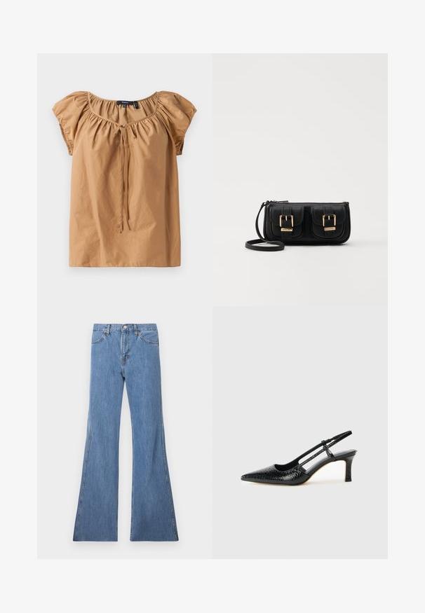 Bruine top met korte mouwen van lichtgewicht stof. Heeft een gathered halslijn met een strikdetail. Soepele textuur met een relaxte pasvorm.; Lichtblauwe denim flare jeans met een hoge taille, met een klassieke vijf-pocket design en contrasterende stiksels langs de naden.; Zwart patent slingback hak met een spitse neus, voorzien van een gestructureerde slangenprint, verstelbare band en een korte, gestructureerde blokhak.; Zwarte leren schoudertas met twee vo pockets, gouden gespen, ritsluiting en een smalle band. Tekstuur oppervlak en compacte rechthoekige vorm.