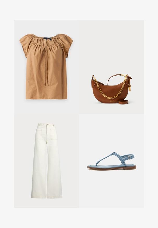 Top marrone a maniche corte in tessuto leggero. Presenta un colletto arricciato con un dettaglio a fiocco. Tessuto liscio con una vestibilità rilassata.; Jeans a gamba larga in denim bianco sporco. Design a vita alta con chiusura a bottone, due tasche frontali e dettagli di cucitura a contrasto.; Sandalo infradito in pelle blu con suola piatta, caratterizzato da un design a fascia sottile e una chiusura con fibbia alla caviglia per una vestibilità sicura.; Borsa a mano in pelle marrone con un design curvo, tracolla in catena dorata, tasca interna e tracolla rimovibile. Presenta cuciture a contrasto.