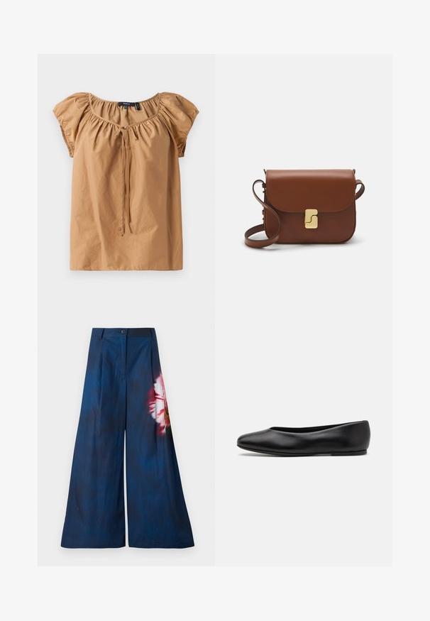 Top marrone a maniche corte in tessuto leggero. Presenta un colletto arricciato con un dettaglio a fiocco. Tessuto liscio con una vestibilità rilassata.; Pantaloni a gamba larga in tessuto blu scuro, con una stampa floreale in rosa e giallo su un lato, dotati di chiusura con bottone in vita.; Paul Smith TOPANGA - Ballerine - black; Borsa a tracolla in pelle marrone con chiusura a pattina, hardware color oro, tracolla e una finitura liscia. Forma rettangolare compatta.