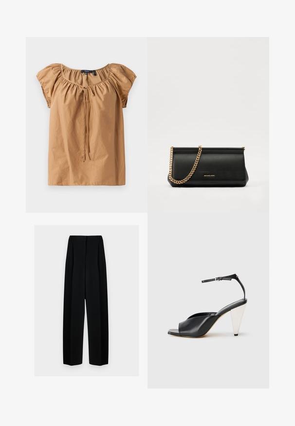 Brun, kortermet topp i lett stoff. Har en strammet halslinje med knyte-detall. Glatt tekstur med en avslappet passform.; Svart vide bukser med høy livhøyde, med folder og en glatt tekstur. Stoffet virker lett og faller elegant.; Svart lær høyhælte sandaler med åpen tå, asymmetrisk design, ankelstropp og en metallisk kjegleformet hæl. Glatt tekstur hele veien.; Svart skinnkuvertveske med en gullkjede-rem, med en glatt tekstur, rektangulær form og preget merkevare på forsiden.