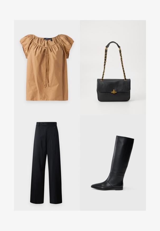 Pruun, lühikeste varrukatega tipp kergest materjalist. Omab kokku tõmmatud kaeluse detaili, millel on nööri detail. Sile tekstuur ja lõdvestatud lõige.; Tumedat jalad tumepunases, mis on varustatud nup closure'iga, ees olevate voldikutega ja sileda kangaga, millel on puhas ja kohandatud disain.; Musthave mustad musta nahast kõrge säärega saapad, millel on terav varvas ja minimaalne disain. Sile tekstuur ja korter tald, sisaldades diskreetselt külgõmblusi.; Mustast nahast kott, millel on ülevalt klapp, kuldse tooniga ahel rihm ja logo detail ees. Sile tekstuur.