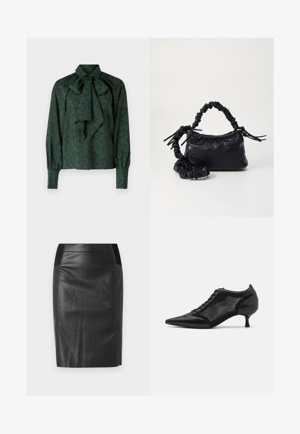 Zielona bluzka wykonana z miękkiego materiału, z kwiecistym wzorem, wiązanym kołnierzykiem oraz bufkami z dopasowanymi mankietami.; Czarna skórzana spódnica ołówkowa z dopasowanym krojem, gładką teksturą i elastycznym pasem po obu stronach. Płaski dół.; Czarny but na szpilce z ostrym noskiem, z panelem z siateczki, z niskim obcasem i sznurowanym przodem. Wykonany z połączenia skóry i materiału siateczkowego.; Czarna torebka z syntetycznej skóry o teksturze krokodyla, z zaciąganym górnym zamknięciem i marszczonym paskiem. Wygląda na miękką i zwartą w designie.