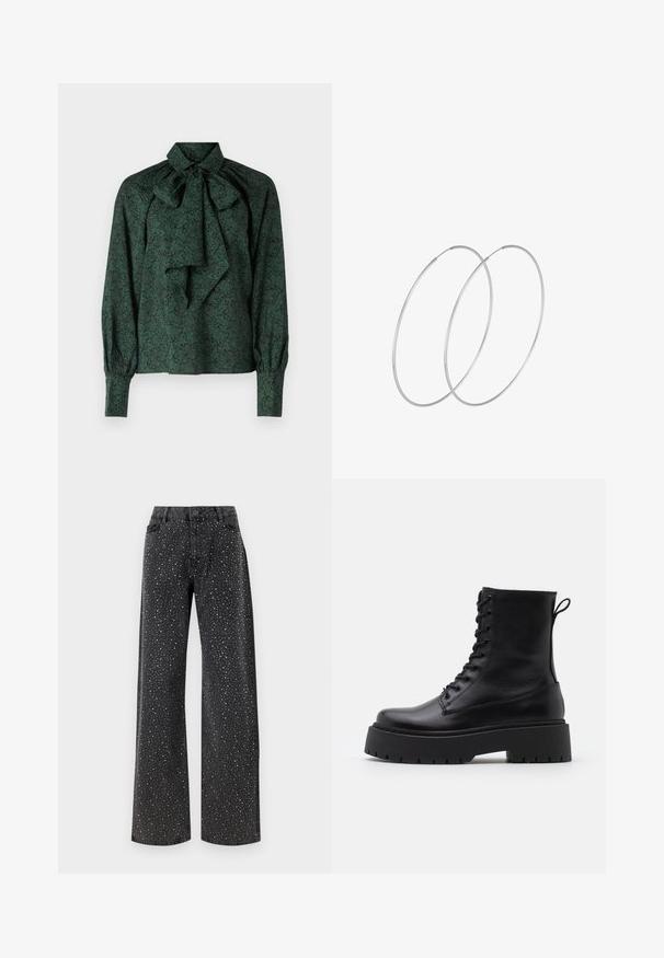 Blusa verde in tessuto morbido con motivo floreale, colletto annodato e maniche arricciate con polsini aderenti.; Noisy May NMJANNEL LOOSE - Jeans baggy - black denim; Stivaletti in pelle nera alla caviglia con punta rotonda, lace-up frontale e suola in gomma spessa con battistrada textured. Tassello sul retro.; Orecchini a cerchio in argento con un design minimalista. Forma circolare, superficie liscia e profilo sottile. Leggeri con una finitura lucida.
