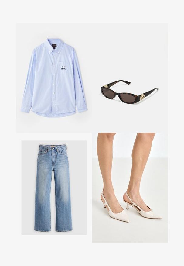 Lichtblauw overhemd met verticale witte strepen, lange mouwen, een button-down kraag en een borstzak met de tekst "THE SHIRT".; Langarm turtleneck top in een lichtbeige kleur. Gemaakt van een zachte, rekbare stof met een comfortabele pasvorm en een omgevouwen halslijn.; Lichtblauwe denim wijde broek met hoge taille, vervaagde plekken, vijf zakken en contrasterende stiksels. Klassieke knoop- en ritssluiting.; Beige gepatineerde leren slingback hakken met een spitze neus en een hak van 5 cm, met uitsparingen aan de zijkanten en een dunne enkelband.; Schildpadbril met langwerpige ovale lenzen, bruine tint, gouden logo-accenten op de pootjes en slanke zwarte armen.; Gebogen crèmekleurige leren handtas met een enkele schouderband, gouden hardware en subtiele branding aan de onderkant. Rits sluiting langs de bovenrand.