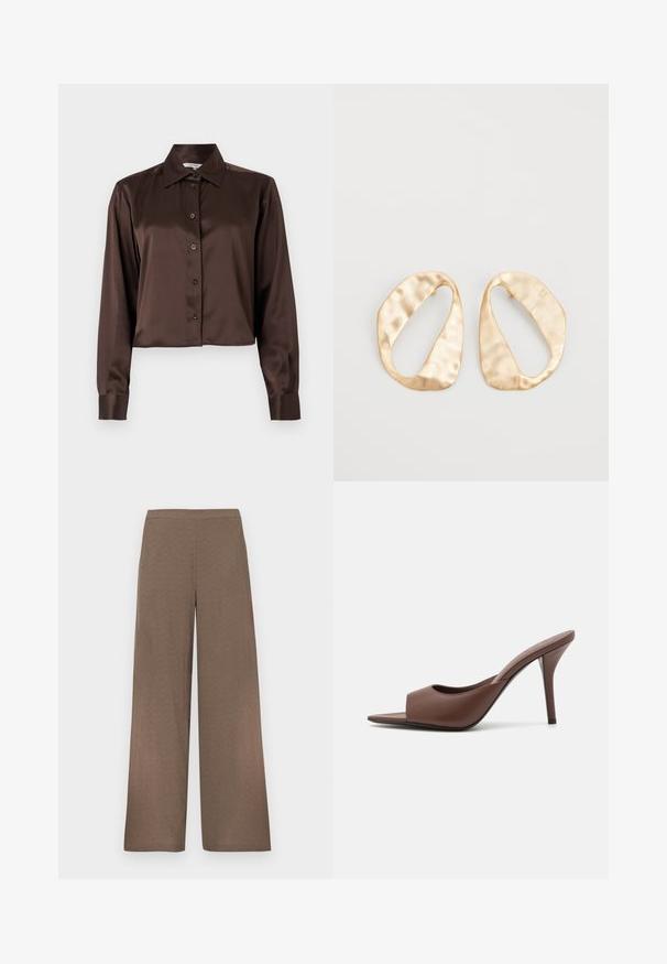 Brown satin long-sleeve shirt with a pointed collar and front button closure. Cropped design and smooth texture.; Wide-leg brown trousers with flat waistband, no visible pockets or fastenings, displayed on a white background.; Brown leather open-toe high-heeled mules with a sleek design, featuring a wide front strap and a slender stiletto heel.; Pair of irregular oval-shaped gold-toned metal earrings with a textured, slightly hammered surface on a white background.