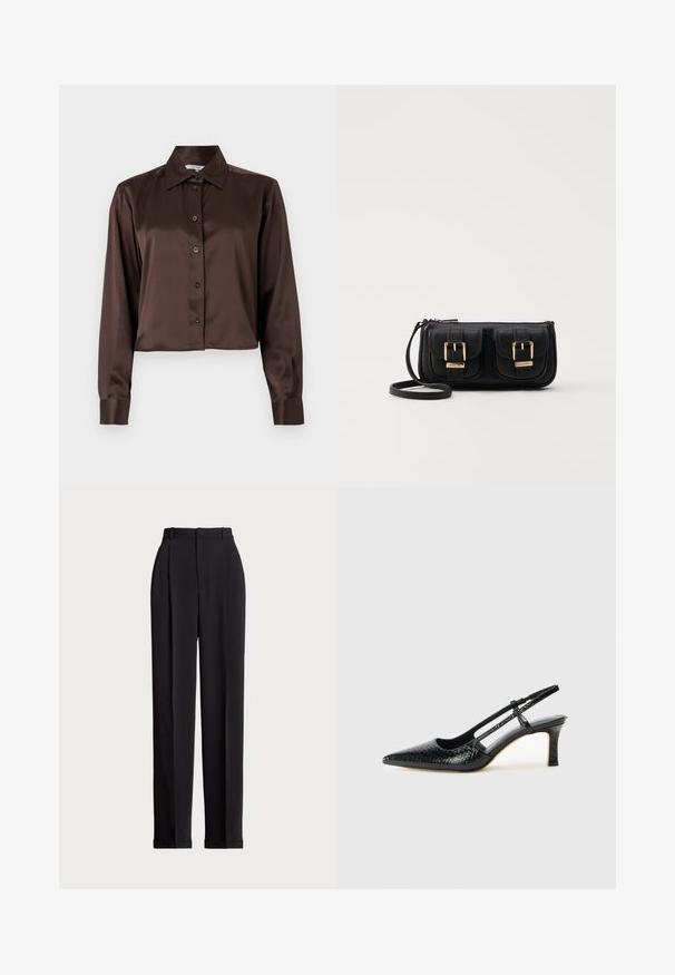 Brun satin langærmet skjorte med spids krave og knaplukning foran. Kort design og glat tekstur.; Sorte skrædderbukser med høj talje, der har folder fortil, en lige benlængde og ombukket kant. Lavet af glat stof.; Sorte patent slingback hæl med spids tå, prydet med tekstureret slangeskindsmønster, justerbar rem og en kort, tekstureret blokhæl.; Sort læder crossbody taske med to frontlommer, guldspænder, lynlåslukning og en slank rem. Struktureret overflade og kompakt rektangulær form.
