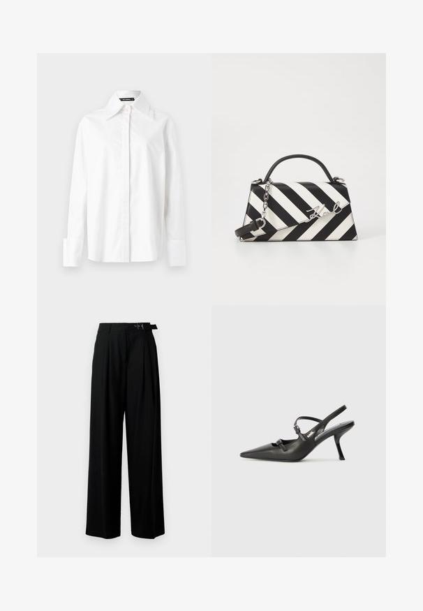 White cotton shirt with a pointed collar, long sleeves, and buttoned cuffs. Smooth texture, tailored fit, and minimalistic design.; Black wide-leg trousers with a high waist, pleats at the front, and a belt featuring a buckle. Made from smooth, lightweight fabric.; Black leather slingback heels with a pointed toe, slender heel, and decorative buckle detail on the vamp. Smooth texture and sleek design.; Black and white striped handbag with a structured shape, featuring a top handle, a detachable chain strap, and metallic logo accent.