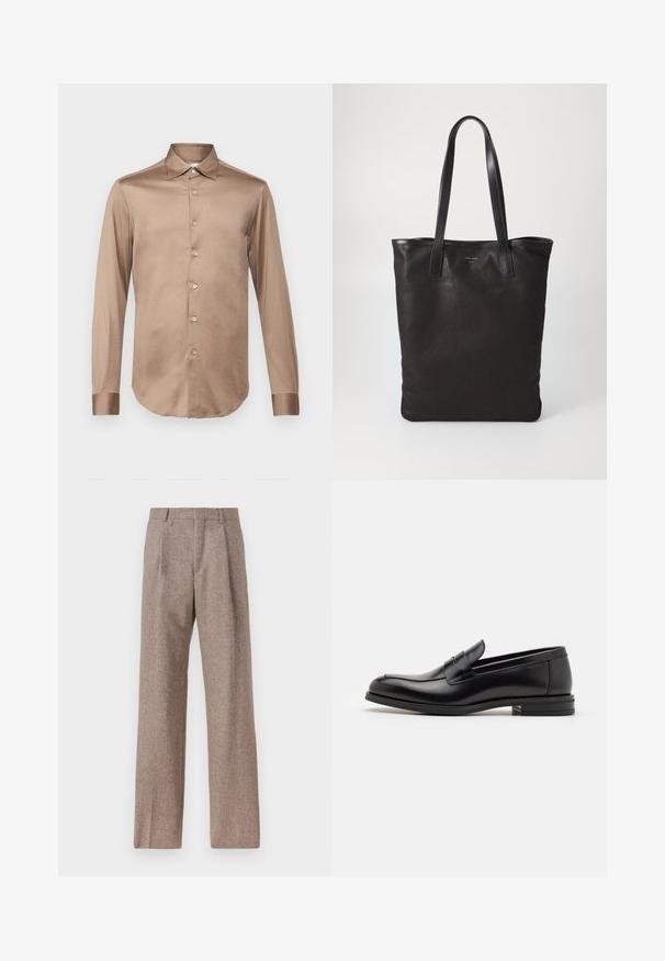 Pal Zileri CAMICIA - Camicia - brown; Pantaloni marroni a vita alta realizzati in tessuto testurizzato. Presentano gambe ampie e due pieghe frontali per struttura. Rifinitura curata senza hardware visibile.; Mocassini neri in pelle con una texture liscia, punta arrotondata e una striscia decorativa sulla tomaia. Tacco basso impilato, design minimalista.; Borsa tote in tela nera con manici in pelle nera. Design semplice, corpo spazioso e texture liscia. Nessun logo o motivo visibile.