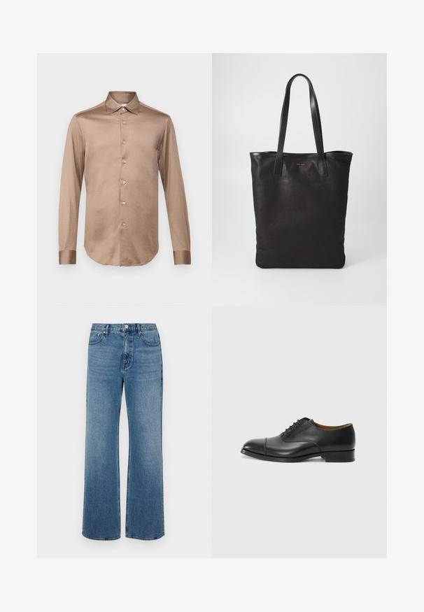 Pal Zileri CAMICIA - Hemd - brown; Weite blaue Jeans aus Denim mit einem verblassten Finish. Verfügt über fünf Taschen, einen Frontknopfverschluss und einen geraden Schnitt.; Schwarze Lederoberlederschuhe mit glatter Oberfläche, abgerundetem Zeh, fünf Ösen für die Schnürsenkel und niedrigem Blockabsatz. Minimalistisches Design mit feinen Nähten.; Schwarze Stofftote mit schwarzen Ledergriffen. Einfaches Design, geräumiger Körper und glatte Textur. Keine sichtbaren Logos oder Muster.