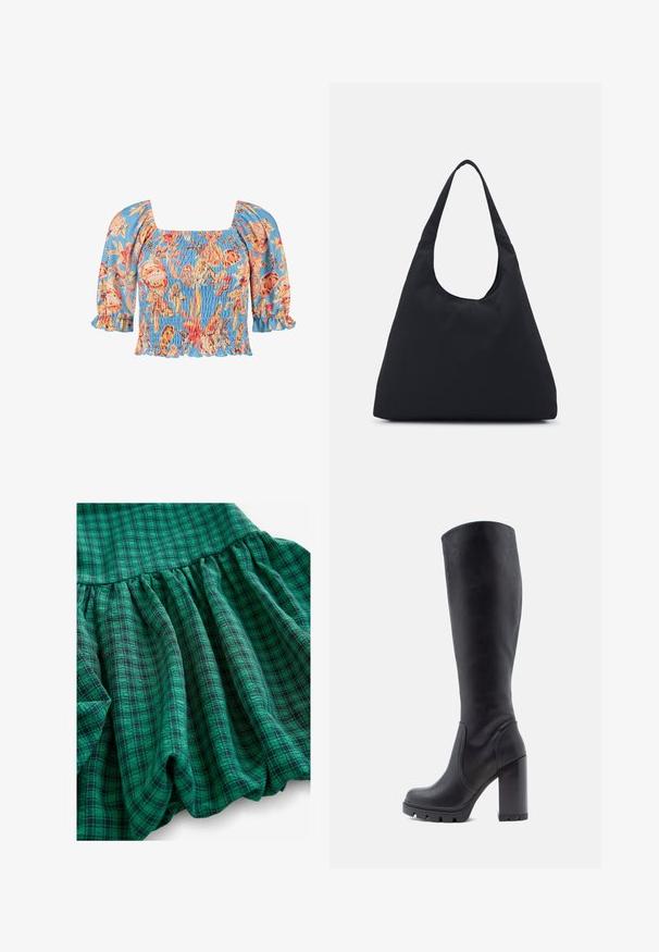 Smockovaná blúzka zo svetlomodrej látky s kvetinovými vzormi v oranžovej a ružovej farbe. Má pufované rukávy a štvorcový výstrih s volánikmi.; Zelená karovaná látka má rôzne odtiene, zberanú textúru a volánový lem. Materiál vyzerá priedušne a ľahko.; Čierna čižma po kolená, hladký kožený materiál, robustný podpätok, zaoblená špička, textúrovaná podrážka s gripom, elegantný dizajn bez ozdôb.; Čierna látková taška s jedným širokým ramenným popruhom. Mäkký, polostruktúrovaný tvar a hladká textúra; minimalistický dizajn bez viditeľného kovania.