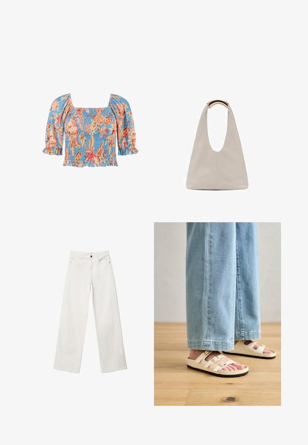 Smockblus i ljusblått tyg med blommönster i orange och rosa. Har puffärmar och fyrkantig u-ringning med volangkanter.; Vita vida byxor i denim med hög midja, femfickorsdesign och metallknäppning. Slät textur, inga mönster.; Ljust krämfärgade sandaler med tre justerbara remmar, gyllene spännen och en strukturerad svart sula, i kombination med ljusblå denimbyxor med vid ben.; Ljusgrå läderväska med en U-formad design och ett böjt metallhandtag. Slät textur med minimal sömnad och inga synliga mönster.