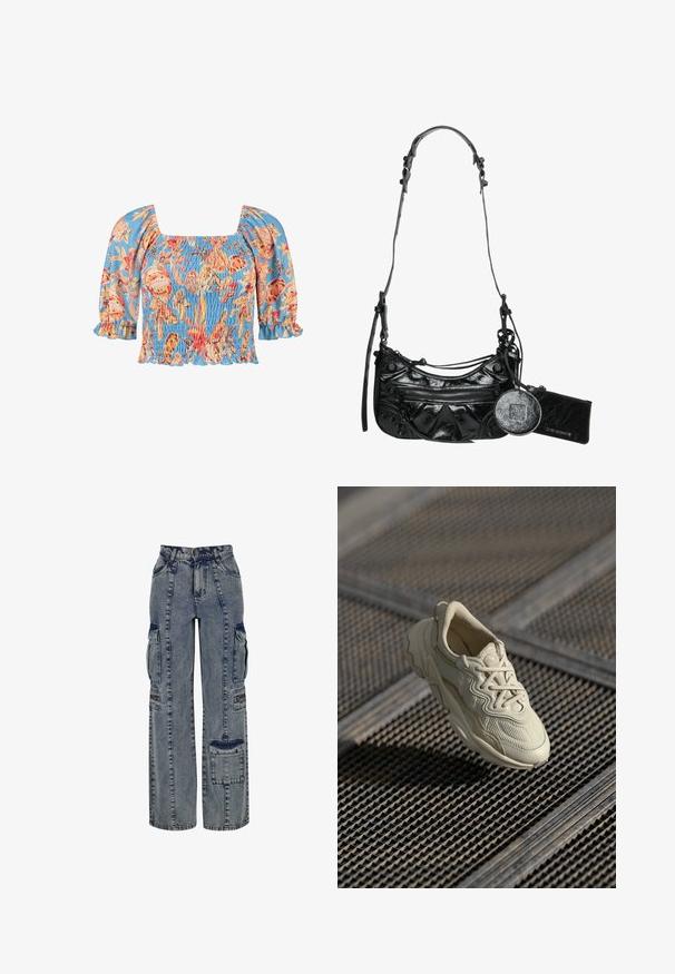 Blusa smockata in tessuto azzurro chiaro con motivi floreali in arancione e rosa. Presenta maniche a sbuffo e un collo quadrato con bordi arricciati.; Pantaloni cargo in denimazzurro chiaro. Presentano gambe larghe, molteplici tasche laterali e accenti in denim scuro a contrasto. Strutturati con cuciture visibili.; Sneaker beige con tessuto texturizzato, accenti lisci a contrasto, suola arrotondata e lacci, sospeso sopra una superficie a griglia.; Borsa a tracolla in pelle sintetica nera con design curvo, tasca anteriore con zip e hardware decorativo, completa di una pochette rotonda staccabile per le monete.