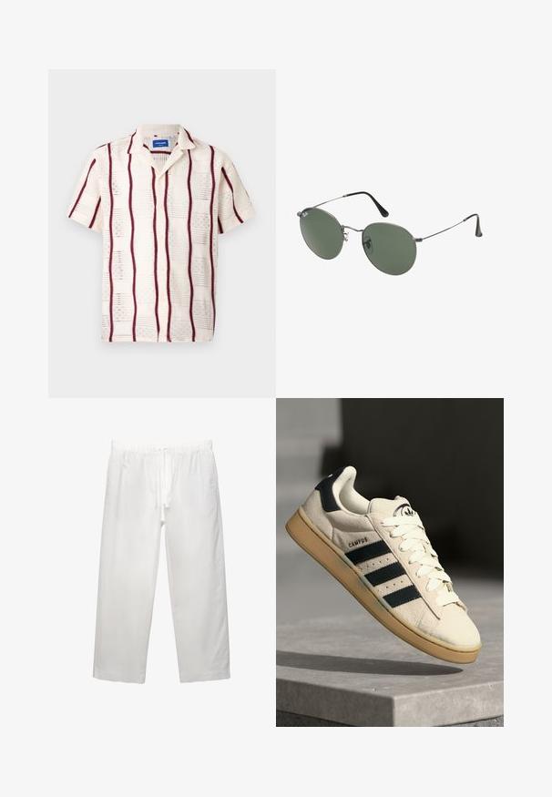 Rövid ujjú, krémszínű ing bordó függőleges csíkokkal és hímezett mintával. Gombos elöl és kivágott gallér.; Fehér pamut póló rövid ujjakkal, kerek nyakkivágással és laza szabással. Simább textúra, látható minták vagy kiegészítők nélkül.; Fehér vászon nadrág, amely rugalmas derékpánttal és húzózsinórral rendelkezik, széles szárú kialakítással és tiszta varrásokkal. Simogató textúra, laza illeszkedés.; Bézs velúr sportcipő három sötétkék csíkkal, fehér fűzőkkel és világosbarna gumi talppal. A nyelvén logó található, valamint a "CAMPUS" felirat.; Fémkeretes napszemüveg ovális zöld lencsékkel. Vékony ezüst színű fémkeret és fekete fülrész. Minimalista dizájn, látható logók nélkül.