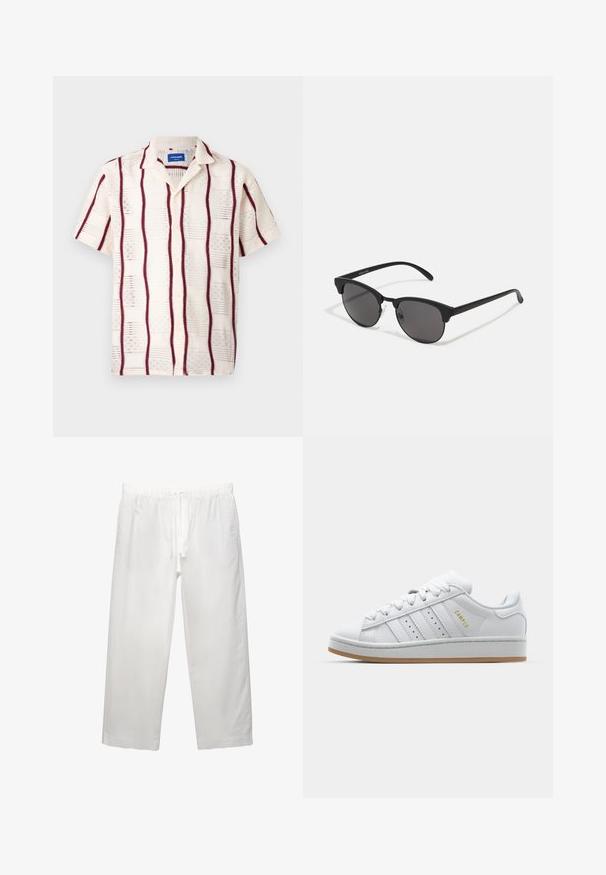 Hedvábná košile s krátkým rukávem v krémové barvě, se burgundskými vertikálními pruhy a vyšívaným vzorem. Zapínání na knoflíky vpředu a klopový límec.; Bílý bavlněný tričko s krátkými rukávy, klasickým kulatým výstřihem a volným střihem. Hladká textura bez viditelných vzorů nebo akcentů.; Bílé lněné kalhoty s elastickým pasem a stahovací šňůrkou, širokým střihem a čistými švy. Hladká textura s volnějším střihem.; Bílé tenisky s perforovaným designem tří pruhů, texturovanými detaily, gumovou podrážkou a zlatým logem "CAMPUS" po straně.; Černé sluneční brýle s kulatými skly, matným povrchem a charakteristickým tvarovým kočičím okem. Úzké nožičky s nenápadným logem na levém rámu.