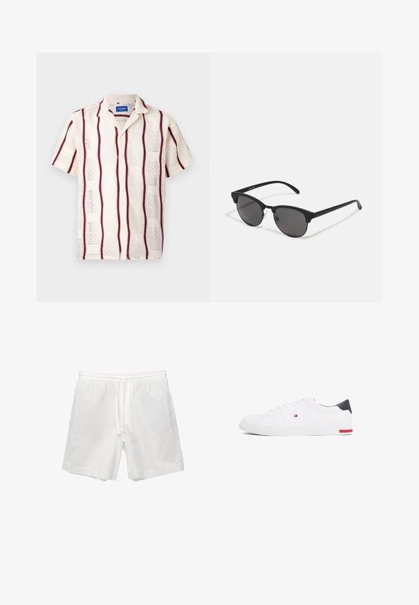 Chemise à manches courtes de couleur crème avec des rayures verticales bordeaux et un motif brodé. Boutonnage sur le devant et col à encoches.; Shorts en coton blanc avec une taille élastique à cordon de serrage, des poches latérales, et une coupe droite avec des ourlets finis.; Baskets basses blanches en cuir lisse. Dotées d'un talon en bleu marine et d'un accent rouge sur la semelle. Six œillets pour les lacets.; Lunettes de soleil noires avec des verres ronds, finition mate et une forme distinctive en œil de chat. Monture fine avec un logo discret sur la branche gauche.