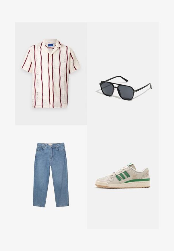 Camicetta a maniche corte in crema con righe verticali bordeaux e un motivo ricamato. Chiusura con bottoni davanti e colletto a punte.; Jeans in denim blu chiaro con taglio dritto, design a cinque tasche e etichetta del marchio visibile in vita.; Sneaker Adidas con tomaia in pelle beige, strisce verdi e suola in gomma. Presenta una collare imbottito e punte perforate per la traspirabilità.; Occhiali da sole neri con montatura ottagonale, lenti scure, finitura lucida, aste sottili e dettagli dorati sul davanti.