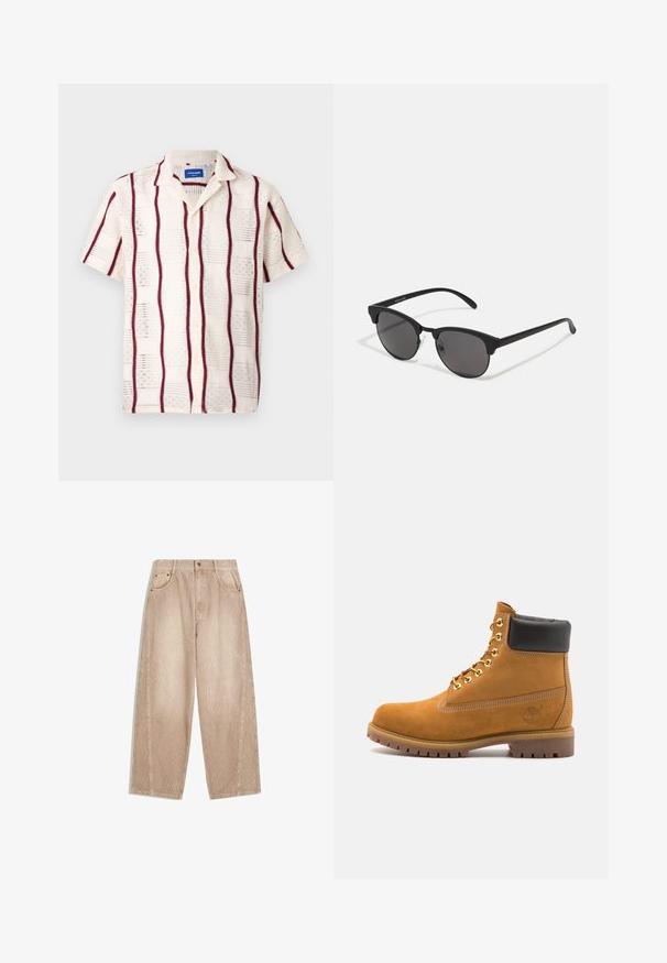 Korte mouwen, crèmekleurig shirt met bordeauxrood verticale strepen en een geborduurd patroon. Doorlopende knoopsluiting en notch-kraag.; Beige corduroy wijde broek met verticale ribbels, voorzien van zijzakken, ri loopingen en een ritssluiting met knoopsluiting.; Tan suède enkelboot met zwart gevoerd kraagje, gouden metalen oogjes, witte stikdetails en een robuuste rubberen zool met uitgesproken profiel.; Zwarte zonnebril met ronde lenzen, matte afwerking en een kenmerkende cat-eye vorm. Slanke armen met subtiele branding op de linkertempel.