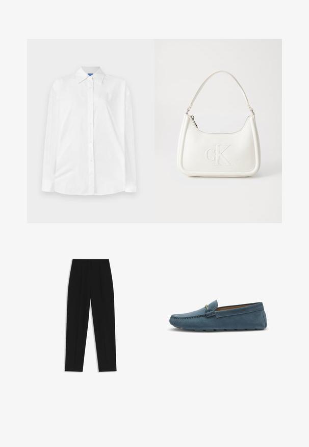 Camicia bianca con colletto classico, maniche lunghe e un sottile motivo tonale in tutto il tessuto. Tessuto di cotone morbido con una vestibilità rilassata.; Pantaloni neri a taglio dritto, con doppie pieghe, una texture liscia e un design classico in vita. Nessun hardware o dettaglio visibile.; Mocassini in suede blu con suola piatta, caratterizzati da un design cucito lungo i bordi e un accento metallico decorativo nella parte anteriore.; Borsa a tracolla in pelle bianca con forma curva, dotata di un logo "CK" impresso sul davanti e una singola tracolla. Chiusura a zip nella parte superiore.