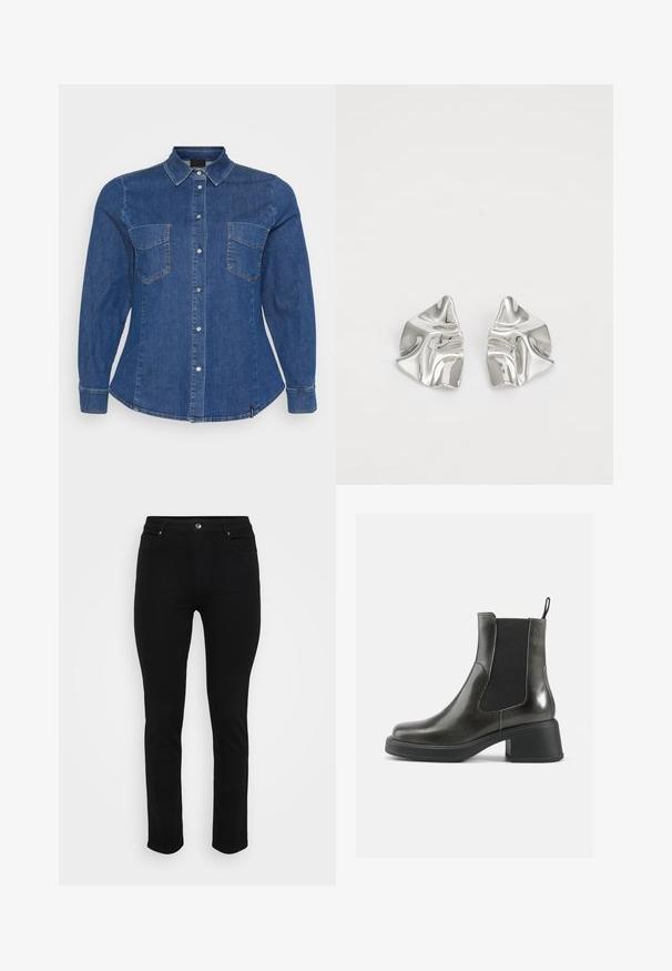 Sötétkék farmering, hosszú ujjal, gombos elülső résszel, két mellzsebbel és látható varrás részletekkel.; Fekete farmernadrág, slim fit szabásban, öt zsebbel, elöl gombos zárással és enyhe rugalmassággal a kényelem érdekében. Simaság, lapos textúra minimális részletezéssel.; Fekete bőr bokacsizmák sima felülettel, rugalmas oldalsó panelekkel és vastag sarkakkal. Jellemzőjük egy húzófül, amely megkönnyíti a felvételt.; Ezüst fém fülbevalók hullámos, szobrászati kialakítással, fényes felülettel és szabálytalan formákkal, amelyek a kortárs esztétikát hangsúlyozzák.