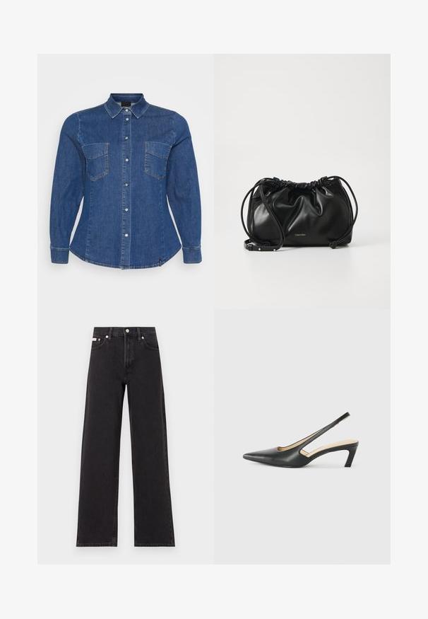 Camisa de ganga em azul escuro, com mangas longas, fecho de botão à frente, dois bolsos no peito e costuras visíveis.; Jeans de perna larga pretos feitos de denim, apresentando uma cintura alta, estilo de cinco bolsos e um fecho em botão de metal com costura contrastante.; Sandal com bico fino e calcanhar baixo, em couro liso, com um design recortado na lateral para respirabilidade.; Bolsa de mão em couro preto com design franzido, fecho de cordão duplo e alça de ombro destacável. Apresenta detalhe em logo metálico.