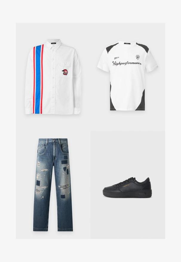 Camisa blanca de botones con un diseño de rayas azules y rojas en un lado y un bordado de un casco negro en el bolsillo del pecho.; Camiseta blanca de manga corta con acentos negros. Lleva el logo "REPLAY FC" y el texto "Highperformance" en una fuente deportiva. Fabricada con un material suave.; Jeans de denim con parches desgastados y tonos de azul variados, con un corte recto y un diseño tradicional de cinco bolsillos.; Replay EPIC HIGH - Zapatillas - black