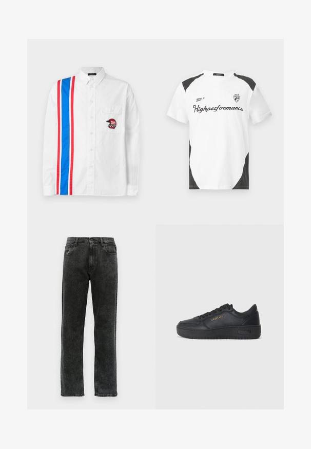 Camisa blanca de botones con un diseño de rayas azules y rojas en un lado y un bordado de un casco negro en el bolsillo del pecho.; Camiseta blanca de manga corta con acentos negros. Lleva el logo "REPLAY FC" y el texto "Highperformance" en una fuente deportiva. Fabricada con un material suave.; Vaqueros de mezclilla negra con corte recto, que cuentan con cinco bolsillos, un cierre de botón y un ligero desgaste a lo largo de la tela.; Replay EPIC HIGH - Zapatillas - black