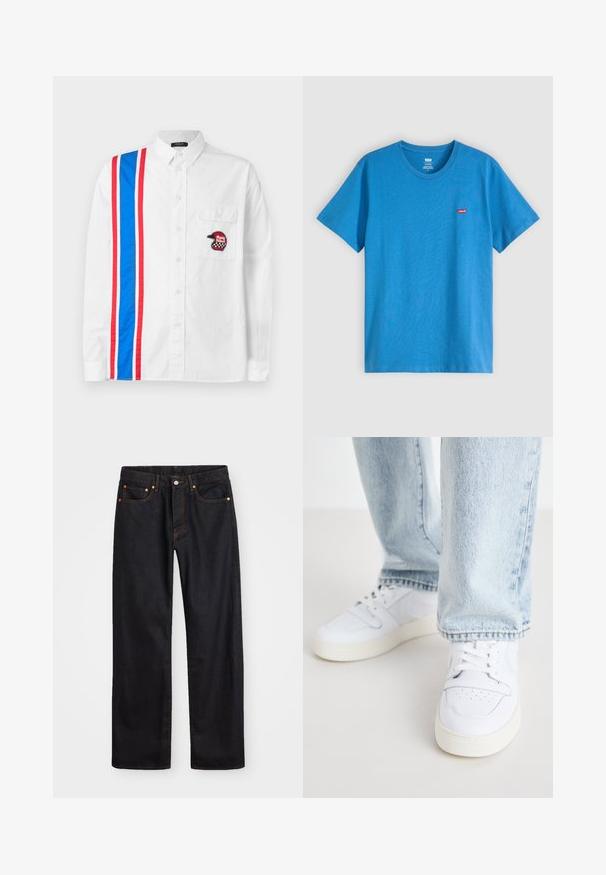 Witte overhemden met een blauw-rood gestreept ontwerp aan één kant en een zwart geborduurd helm-embleem op de borstzak.; Blauwe T-shirt met korte mouwen en ronde hals van Levi's met een klein rood Levi's-logo op de linkerborst, weergegeven op een effen lichtgrijze achtergrond.; Heren straight-leg zwarte denim jeans met vijf zakken en oranje stiksels, knoop- en ritssluiting op de voorkant van de tailleband.; Witte leren lage sneakers met geperforeerde neus, platte veters en een minimalistisch ontwerp. Gecombineerd met lichtblauwe denim jeans.