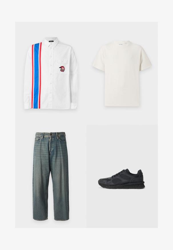 Balta marškinių palaidinė su mėlynais ir raudonais dryžiais vienoje pusėje ir juodu siuvinėtų šalmų emblema ant krūtinės kišenės.; Balta trumpa rankovė T-polo marškinėlių su juostelėmis tekstūra. Apvalus iškirpimas, laisvas fasonas, jokių matomų raštų ar akcentų. Paprastas ir universalus dizainas.; Šviesiai mėlyni džinsai su laisvu siluetu, vidutinio aukščio juosmeniu ir tiesiomis kojomis. Su penkiais kišenėmis, diržo kilpo ir mygtukų uždarymu.; Replay ARTHUR ATOM - Sportbačiai - black