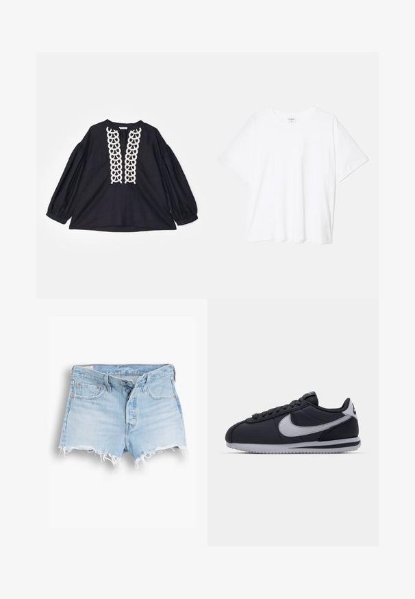 By Malene Birger CADMUS - Blouse - black; T-shirt en coton blanc avec des manches courtes, un col rond, une coupe décontractée et un ourlet cousu. Étiquette visible à l'intérieur du col.; Shorts en denim bleu clair avec taille haute, ourlet effiloché, design à cinq poches et coutures contrastées. Deux boutons à l'ouverture avant.; Chaussure de sport noire avec des accents gris, dessus synthétique lisse, semelle texturée, bout arrondi et lacets plats. Design classique avec un détail de logo.