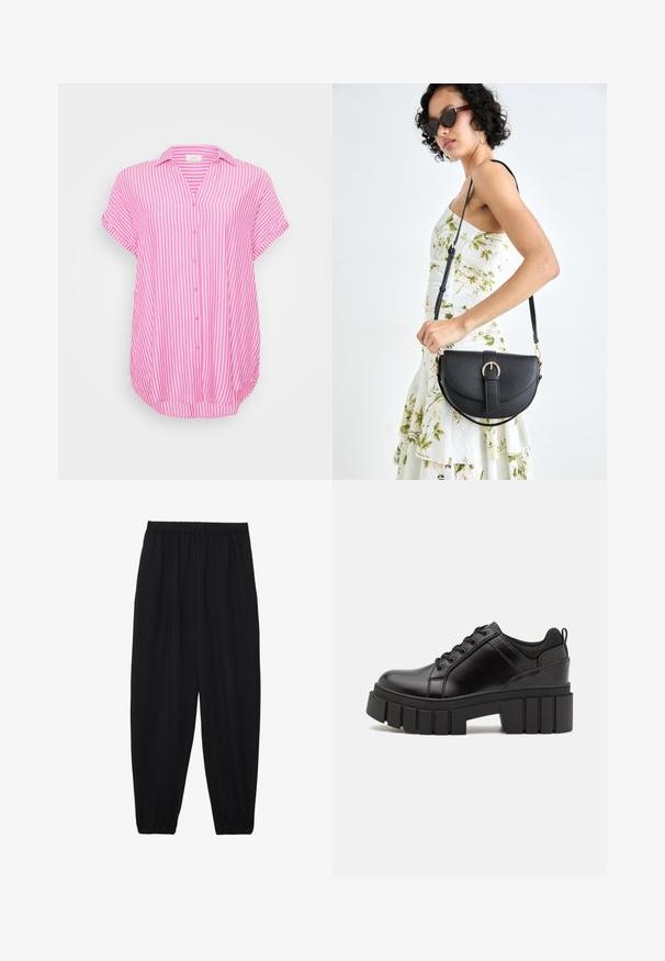 Rosa og hvit stripete kortermet skjorte med krage og rund hem. Mykt stoff med et avslappet, flytende design.; Svarte, lette bukser med elastisk liv og rynkede ankler. Stoffet er glatt og har en avslappet, innsvingt design.; Svarte lærplattformsko med kraftig blokkhell, rund tå og tradisjonell snøring. Har en jevn tekstur og minimal detaljering.; Svart lærveske med en buet form, avtagbar stropp og gullbeslag. Vesken har et klaff med spenne-detall.