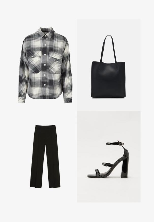 Karirano flanel košulja u crnoj, bijeloj i sivoj boji. Ima prednje dugmadi, dva džepa na prsima i duge rukave s dugmadima na manžetama.; Crne široke hlače izrađene od glatkog materijala, s uskim pojasom i suptilnim prednjim naborima za dodatnu teksturu.; Crne lakirane sandale na visoku petu s dva remena s kopčama, kvadratnim vrhom i masivnom blok petom, s glatkom, sjajnom teksturom.; Crna kožna torba za nošenje s glatkom teksturom, pravokutnim oblikom i dvije duge ručke. Nema vidljivih metalnih dijelova ili ukrasa.