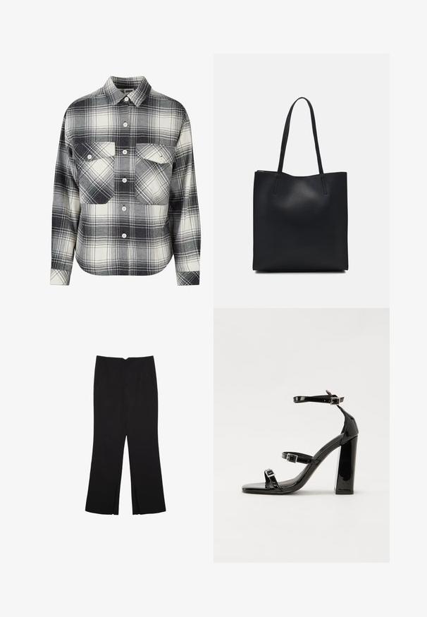 Koszula w kratę z flaneli w kolorze czarnym, białym i szarym. Posiada zapięcie na guziki, dwie kieszenie na piersi oraz długie rękawy z guzikami przy mankietach.; Czarne spodnie o prostym kroju, z przednimi kieszeniami i bocznymi rozcięciami na dole. Wykonane z miękkiego, gładkiego materiału. Odpowiednie na różne okazje.; Czarne lakierowane sandały na obcasie z kwadratowym noskiem, z paskami wokół kostki i srebrnymi klamrami. Posiadają masywny słupek dla stabilności.; Czarna skórzana torba tote o gładkiej fakturze, prostokątnym kształcie i dwóch długich uchwytach. Brak widocznych elementów metalowych i ozdób.