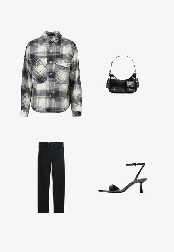 Rutet flannel skjorte i sort, hvid og grå. Har knaplukning foran, to brystlommer og lange ærmer med knapmansjetter.; Sorte denimbukser med lige ben, fem lommer, metalknaplukning og diskrete syningsdetaljer. Glat tekstur.; Bershka Højhælede sandaletter / Højhælede sandaler - black; Sort patenteret læder håndtaske med en buet form, en skulderrem, frontlommer og hardware accenter i sølvfarve.