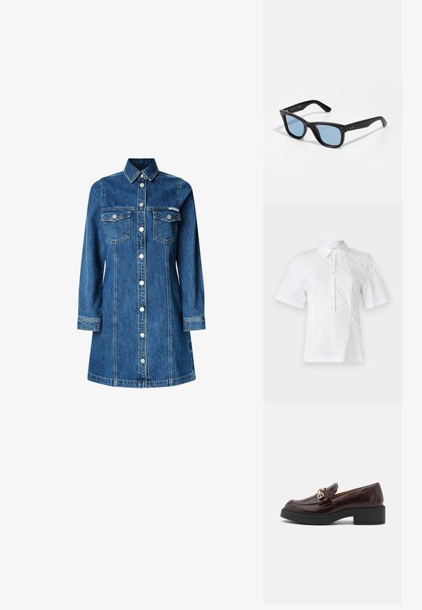 Blusa bianca a maniche corte con colletto, caratterizzata da una patta frontale adornata da sei bottoni, realizzata in tessuto leggero e liscio.; Abito camicia in denim, maniche lunghe, chiusura frontale con bottoni, due tasche sul petto, colletto classico, colore blu medio e dettagli di cucitura chiara.; Mocassino in pelle marrone con una fibbia dorata, tacco a blocco nero e una texture liscia. La vista laterale mostra la punta arrotondata e i dettagli di cucitura.; Occhiali da sole in plastica nera con lenti blu, forma quadrata, stanghette solide e due dettagli metallici sulla parte anteriore vicino alle lenti.; Borsa a tracolla in pelle marrone con un esterno morbido e testurizzato simile alla pelliccia, design slim, manico corto e tracolla removibile.