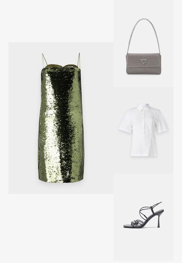 Witte blouse met korte mouwen en een kraag, voorzien van een voorpaspel met zes knopen, gemaakt van gladde, lichte stof.; Groene sequin jurk met een rechte snit, dunne verstelbare bandjes, gekenmerkt door een reflecterende textuur en een slanke silhouet.; Zwarte hoge hakken sandaaltjes hebben dunne banden met een geknoopt ontwerp, een gladde vierkante neus en een elegante stiletto-hak.; Lichtgrijze metallic handtas met een kettingriem, versierd met kleine ronde metallic studs en een driehoekig merkimago.