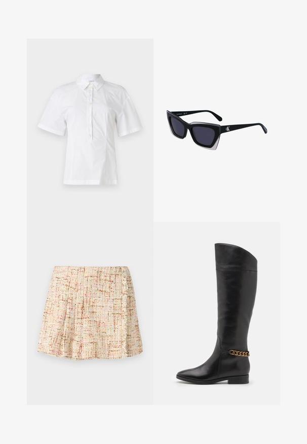 Bijela bluzica kratkih rukava s ovratnikom, koja s prednje strane sadrži šest dugmadi, izrađena od glatkog, laganog materijala.; Kratka, plisirana suknja od teksturirane tkanine u neutralnim tonovima s suptilnim točkicama boje. Ima resasti rub uz stranu.; Visoke crne kožne čizme s elegantnim dizajnom, šiljastim vrhom i zlatnim lančićem oko gležnja. Nizak blok potpetica. Glatka tekstura.; Crne oversize sunčane naočale geometrijskog oblika, s tamnim staklima i kontrastnom sivom dekoracijom na okviru. Logo na dršci.