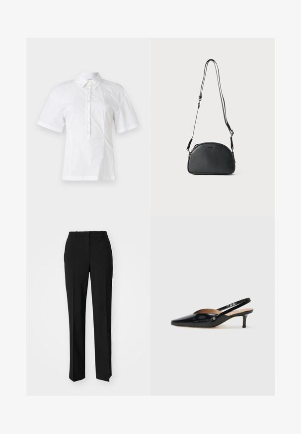 White short-sleeve blouse with a collared neck, featuring a front placket adorned with six buttons, made from smooth, lightweight fabric.; Black tailored trousers with a straight-leg design, featuring a smooth texture and crisp creases along the front. No visible hardware.; Black patent leather slingback pump with a pointed toe, small heel, and a cutout design on the vamp. Gold-tone hardware accent on the side.; Black leather crossbody bag with a rounded shape, two adjustable straps, and a subtle logo on the front. Textured exterior, minimalistic design.