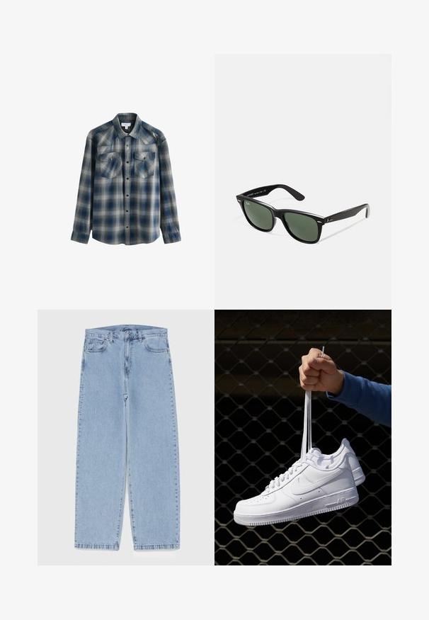 Chemise à manches longues en tartan bleu et gris avec un col boutonné, deux poches poitrine et une texture légèrement délavée. Dispose de fermetures à pression.; Débardeur en coton blanc avec un col rond, de larges bretelles et un ourlet droit, présentant une texture lisse et sans motifs visibles.; Jean en denim bleu clair avec une coupe droite, présentant une taille mi-haute, cinq poches, et une fermeture à bouton et à fermeture éclair.; Baskets en cuir blanc avec perforations, à bout rond, semelle plate et lacets épais, arborant un logo swoosh visible et "AIR" sur le talon.; Lunettes de soleil en plastique noir avec verres verts, monture carrée, accent argenté sur le sourcil et branches texturées. Marque indiquée sur l'intérieur de la branche.