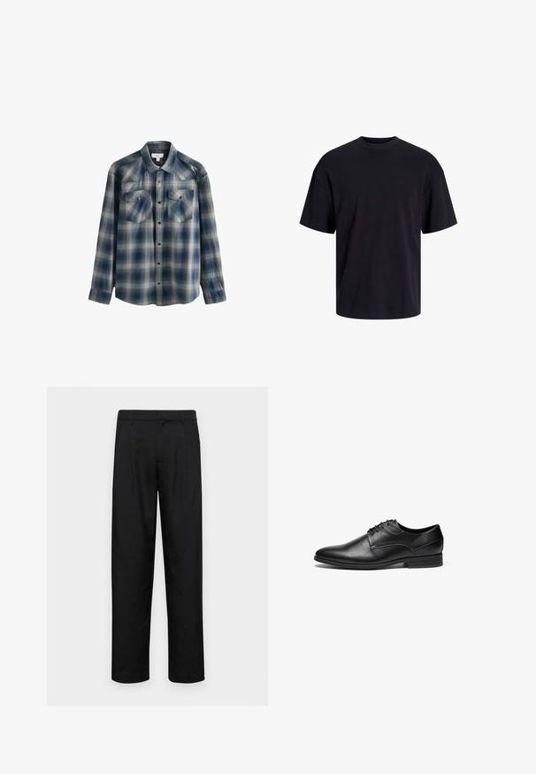 Cămașă cu mâneci lungi în carouri albastre și gri, cu guler cu nasturi, două buzunare pe piept și o textură ușor decolorată. Include închizători cu capse.; Tricou din bumbac negru, cu guler rotund, mâneci scurte și o croială lejeră. Textură netedă și fără modele sau accente vizibile.; Pantaloni negri dintr-un material neted, cu un design drept, două pliuri frontale și un tiv standard cu bucle pentru curea.; Pantof de piele neagră, cu o textură netedă, vârf rotund și design cu patru orificii pentru șireturi. Dispune de un toc jos și detalii cusute.