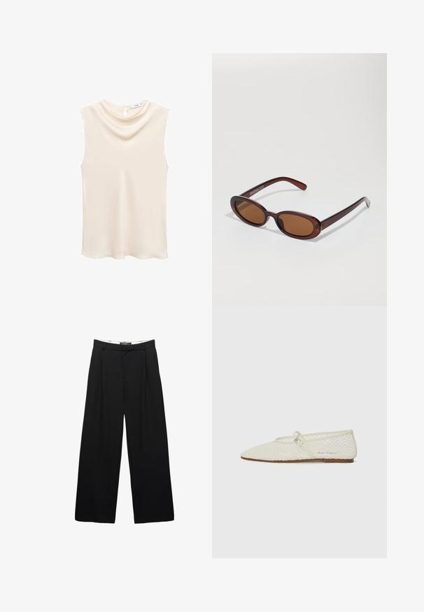 Ärmlös, elfenbensfärgad topp med mjuk, draperad halsringning och en nyckelhålsstängning baktill. Slät tyg med en subtil lyster.; Breda svarta byxor i jämn tyg. Har framfickor, midjeband med bältesömmar och en skräddarsydd silhuett.; Krämfärgad nät-ballettskor med spetsig tå och justerbar rem. Har en texturerad ovandel och en platt, brun sula.; Runda, bruntonade solglasögon med en glansig bordeauxfärgad ram. Smala bågar med subtilt varumärkesdetalj. Platt linsdesign.