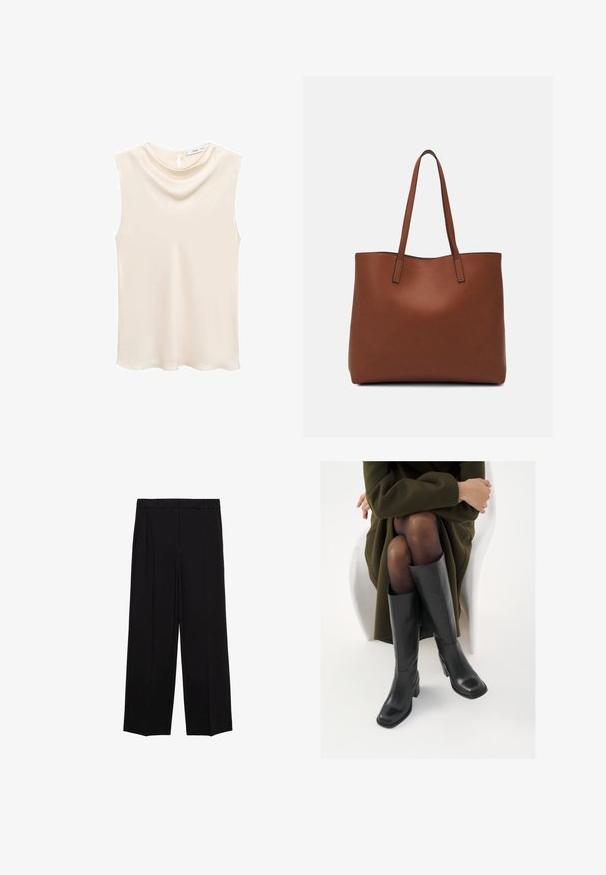 Top senza maniche in avorio con un morbido scollo drappeggiato e una chiusura a oblò sulla schiena. Tessuto liscio con una leggera lucentezza.; Pantaloni neri a gamba larga in tessuto morbido, con pieghe nella parte frontale e tasche laterali, progettati con una linea dritta e comoda.; Stivali neri in pelle alti fino al ginocchio con punta squadrata e tacco a blocco, mostrati con un modello seduto in un cappotto verde oliva. Texture liscia, dettagli minimi.; Borsa tote in pelle marrone con texture liscia, design con apertura superiore e due spallacci. Presenta cuciture minime e nessun hardware visibile.
