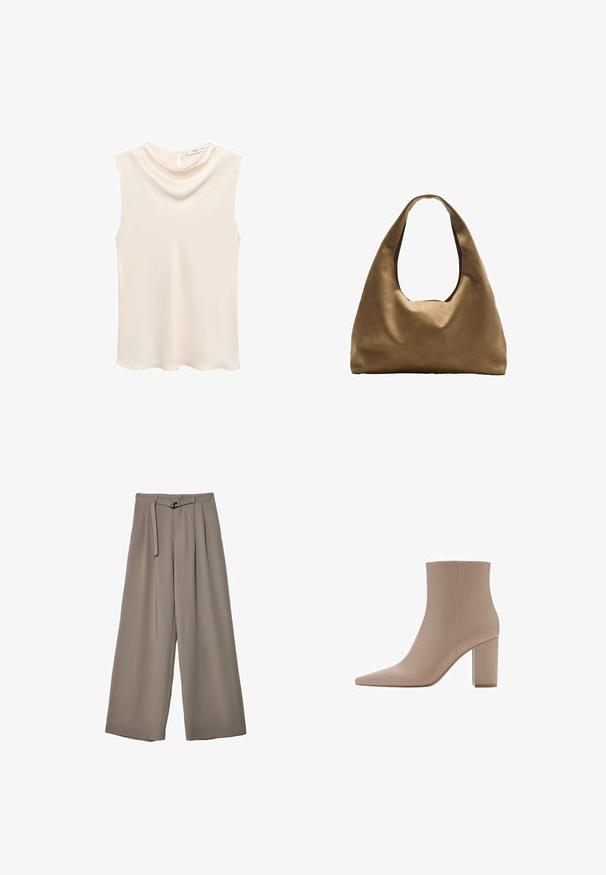 Top senza maniche in avorio con un morbido scollo drappeggiato e una chiusura a oblò sulla schiena. Tessuto liscio con una leggera lucentezza.; Pantaloni a gamba larga in un morbido tessuto grigio tenue, con vita con cintura e pieghe per un tocco di design aggiuntivo. Texture liscia, senza motivi.; Stivale beige alla caviglia con punta affusolata, realizzato in materiale morbido, dotato di tacco a blocco trasparente e design minimalista.; Borsa a spalla in tessuto marrone con un corpo ampio e arrotondato e una grande maniglia a taglio. Texture morbida, design minimalista e senza hardware visibile.