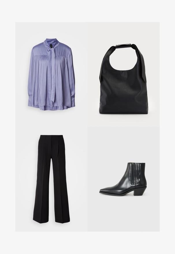 Blusa di un tenue lavanda realizzata in tessuto liscio e seta. Presenta un colletto con fiocco annodato e un design plissettato. Maniche lunghe con polsini arricciati.; Pantaloni neri in tessuto liscio, caratterizzati da una vita alta, silhouette a gamba larga e due pinces frontali per un tocco di design in più.; Stivaletto in pelle nera con punta affusolata, pannelli laterali elasticizzati con scanalature verticali e tacco basso a blocco. Texture liscia e design elegante.; Borsa hobo in pelle nera con un manico unico, morbido e arrotondato; presenta una texture liscia e un design minimalista. Nessun hardware o accenti visibili.