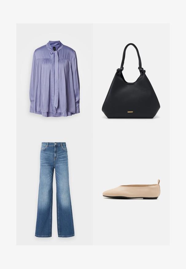 Blouse lavande clair en tissu lisse et soyeux. Présente un col avec nœud attaché et un design plissé. Manches longues avec des poignets froncés.; Jeans en denim bleu clair à jambes larges avec une taille haute, comportant cinq poches, des passants de ceinture, et un effet légèrement dégradé vers l'ourlet.; Ballerines en cuir beige avec un design à profil bas, bout rond, et semelle en caoutchouc noire, dotées d'une petite boucle à l'arrière pour un enfilage plus facile.; Sac fourre-tout en cuir noir avec une finition texturée, des accents de poignées nouées et un logo doré à la base. Présente une silhouette décontractée.