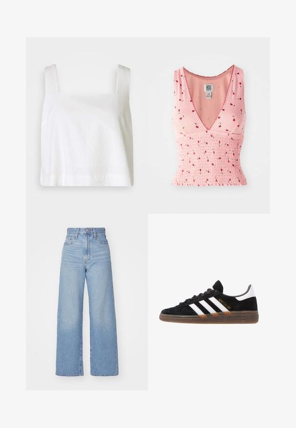 Balti lininis trumpas viršus su kvadratiniu dekolltė, plačiomis petnešomis ir laisvu siluetu, turintis lygų paviršių ir švarų apdailą.; Rožinė be rankovių palaidinė su V formos iškirpte, pasižyminti smulkintais detalėmis ir gėlių raštu. Maži raudoni žiedai išsibarsčiusi ant taškuotų fonų.; Šviesiai mėlynos aukšto liemens plačios kojos džinsai su priekiniais užtrauktukais ir sagom, priekinėmis ir galinėmis kišenėmis, ant baltos fono.; Juodos Adidas sportbačiai su baltais dryžiais, auksiniu „Spezial“ užrašu, guminėmis padais ir balta kulno juostele, rodomi šoninio vaizdo.