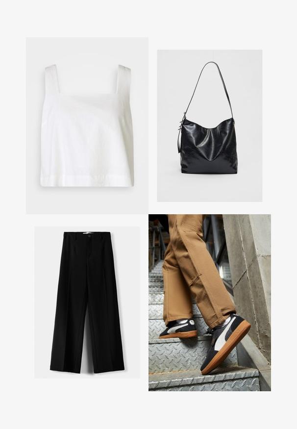 Hvid linned cropped top med firkantet udskæring, brede stropper og en afslappet pasform med en glat tekstur og ren kant.; Sorte brede bukser lavet af letvægtsstof, med frontknaplukning og glat front, samt pænt syede kanter.; Sorte og grå ruskinds sneakers med hvide detaljer og såler i gummitræ, båret på tanfarvede bukser mens man bestiger metaltrapper.; Sorte læder skuldertaske med en blød, tekstureret overflade. Har et buet design og en enkelt justerbar rem. Ingen ekstra hardware.
