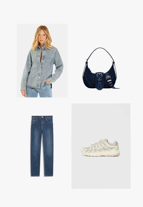 Jasnoniebieska kurtka dżinsowa z zapięciem na guziki. Posiada srebrne ozdoby w wzory paisley i gwiazdy. Długie rękawy i luźny krój.; Ciemnoniebieskie dżinsy o prostym kroju, pięć kieszeni, subtelne detale w szwach oraz metalowy guzik w talii.; Jasno beżowy but sportowy z siateczkowymi panelami i wyściełaną podeszwą. Posiada zapięcie na sznurowadła, okrągły czubek i złote akcenty po bokach.; Ciemnoniebieska skórzana torba na ramię z zaokrąglonym wierzchem, srebrnymi akcentami, wyrazistym zapięciem i wysadzanym nitami paskiem. Zamek błyskawiczny widoczny w komorze.